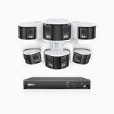 FDH600 - 6MP 8 Kanal PoE Panorama Überwachungskamera-Set mit 3 Bullet Kameras & 3 Turm Kameras, zwei Objektiven, 180° Ultraweitwinkel, f/1.2 Superblende, BSI-Sensor, integriertes Mikrofon, aktive Sirene und Alarm, Personen-und Fahrzeugerkennung